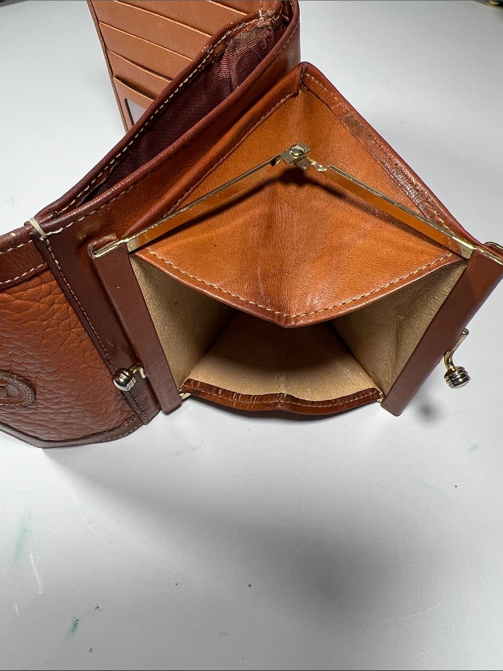 🦆 DOONEY & BOURKE PEBBLED AWL BRITISH TAN TRIFOLD KISSLOCK POUCH COIN VINTAGE - Picture 11 of 12